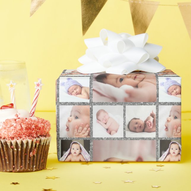 Create Your Own 6 Photo Collage Silver Glitter    Geschenkpapier (Geburtstagsparty)