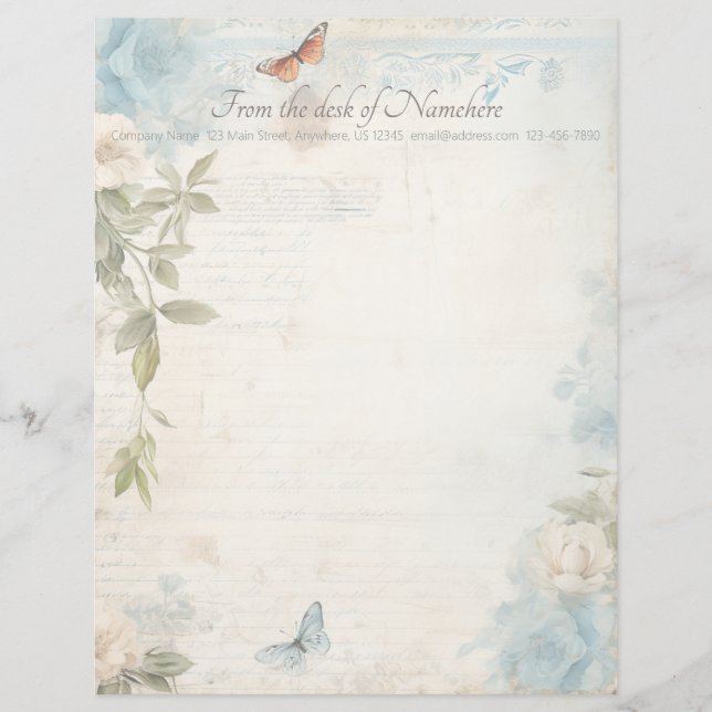 Create Your Own Blue Shabby Chic Buttefly Roses Briefbogen (Vorderseite)