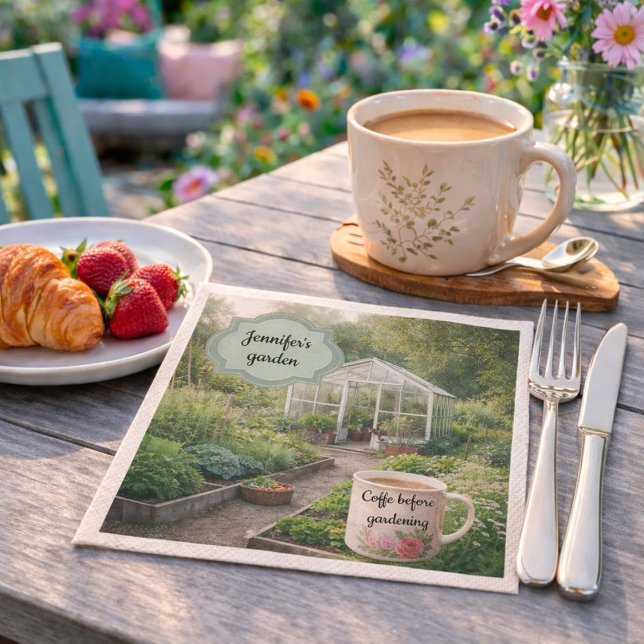 Create your own Coffee before gardening photo Serviette (Create your own Coffee before gardening photo Napkins. You can add your own garden photo and name.)