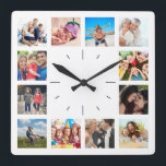 Create Your Own Custom 12 Photo Collage Memories Quadratische Wanduhr<br><div class="desc">Create your own personalized 12 photo photo collage wall clock with your custom images. Add your favorite photos, designs or artworks to create something really unique. To edit this design template, click 'Change' and upload your own image as shown above. Click 'Customize' button to add more text or images, customize...</div>