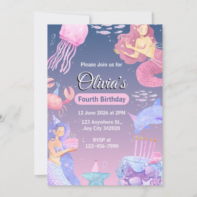 Create your own Custom Girls Mermaid Birthday Einladung (Vorderseite)
