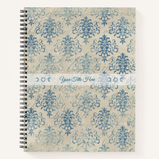 Create Your Own Distressed Vintage Blue Damask Notizbuch (Vorderseite)