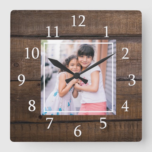 Create Your Own Photo Brown Wood Quadratische Wanduhr (Vorderseite)