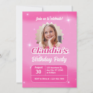 Create your own Photo Pink Girls Birthday Party Einladung