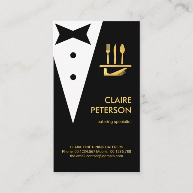 Creative Black Tuxedo Gold Butler Boutonniere Visitenkarte (Vorderseite)