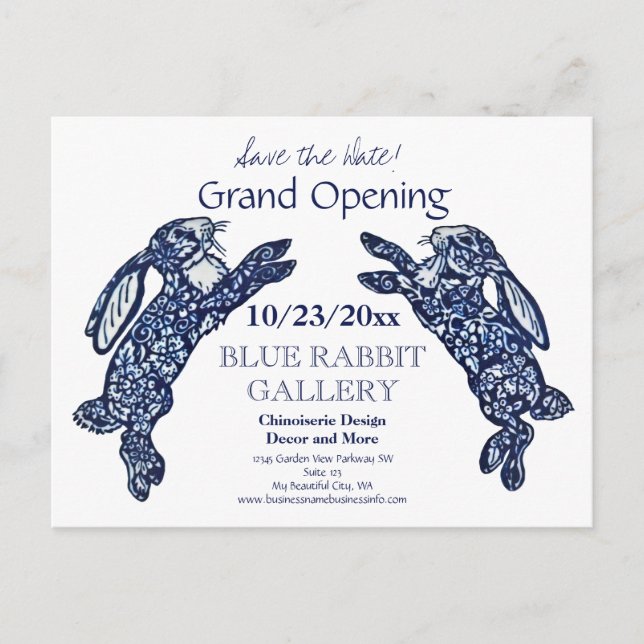 Creative Blue Bunny Business Grand Opening Date Ankündigungspostkarte (Vorderseite)