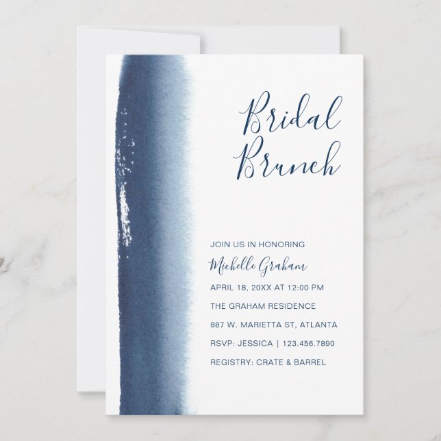 Creative Navy Blue Watercolor Bridal Brunch Einladung (Vorderseite)