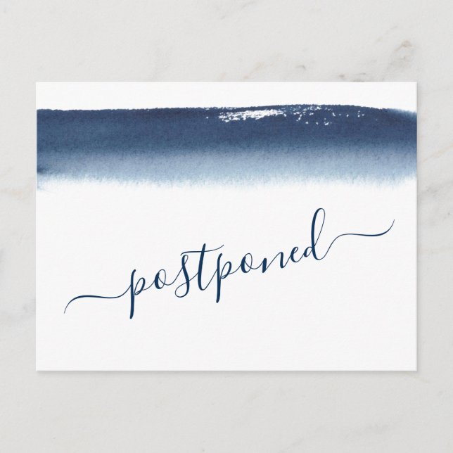 Creative Navy Blue Watercolor Hochzeitspause Ankündigungspostkarte (Vorderseite)
