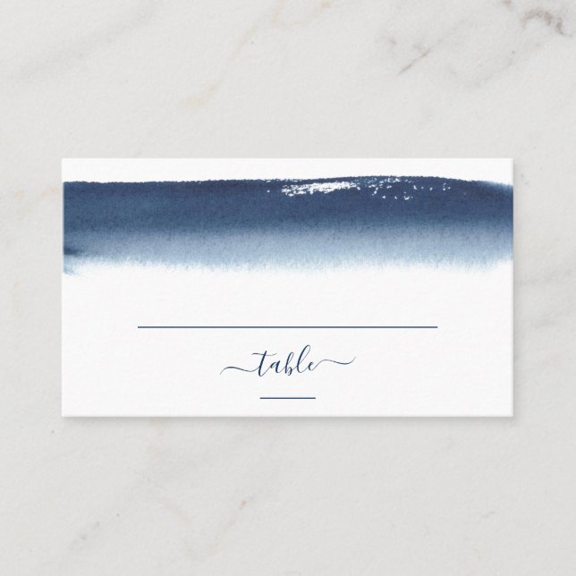 Creative Navy Blue Watercolor Pinselstrich Hochzei Platzkarte (Vorderseite)