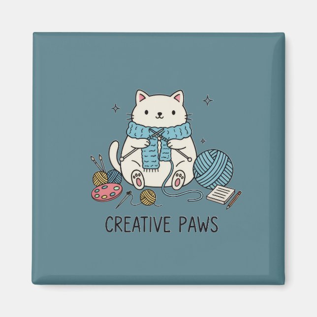 Creative Paws Knitting White Cat Blue Scarf Accent Magnet (Vorne)