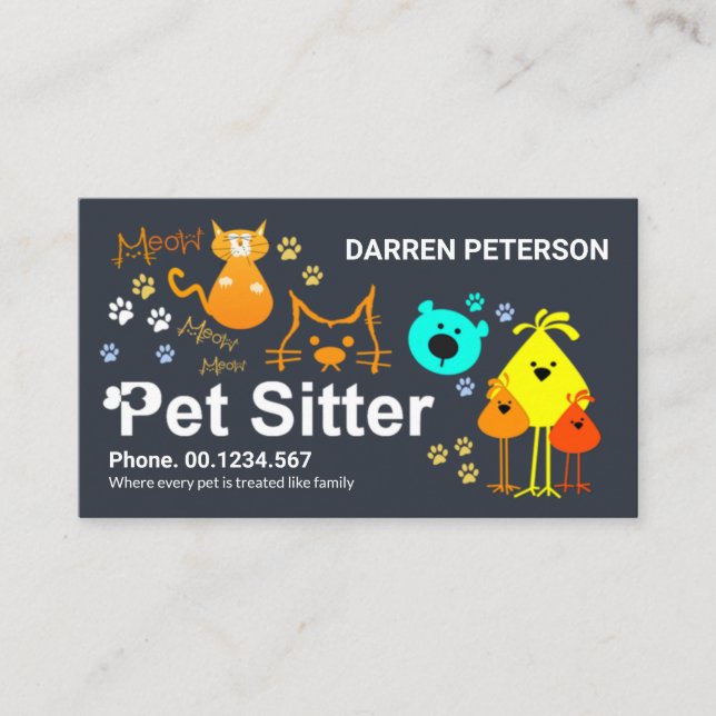 Creative Pet Sitter Signatur farbenfrohe Hundekatz Visitenkarte (Vorderseite)