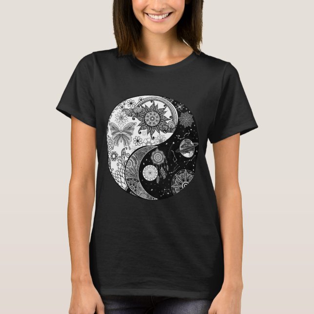 Creative Schwarz-weiß Yin Yang Night Day Mandala T-Shirt (Vorderseite)