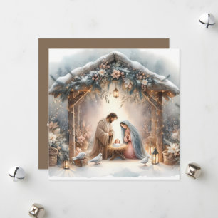 Crèche rustique avec carte de fleurs d'hiver