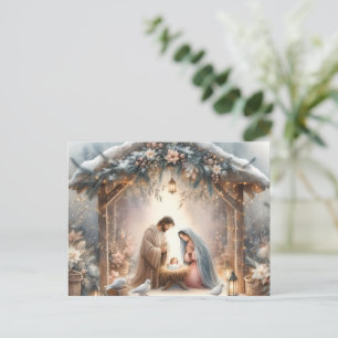 Crèche rustique avec carte de fleurs d'hiver