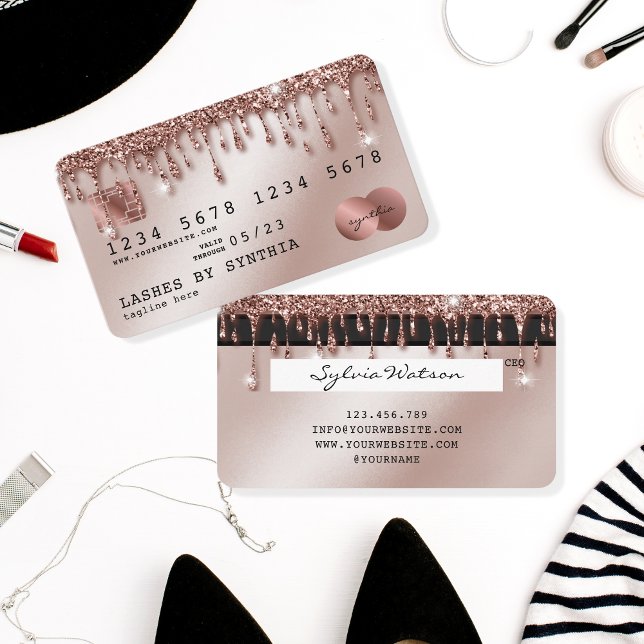 Credit Card Styled Rose Gold Glitter Drips Visitenkarte (Von Creator hochgeladen)