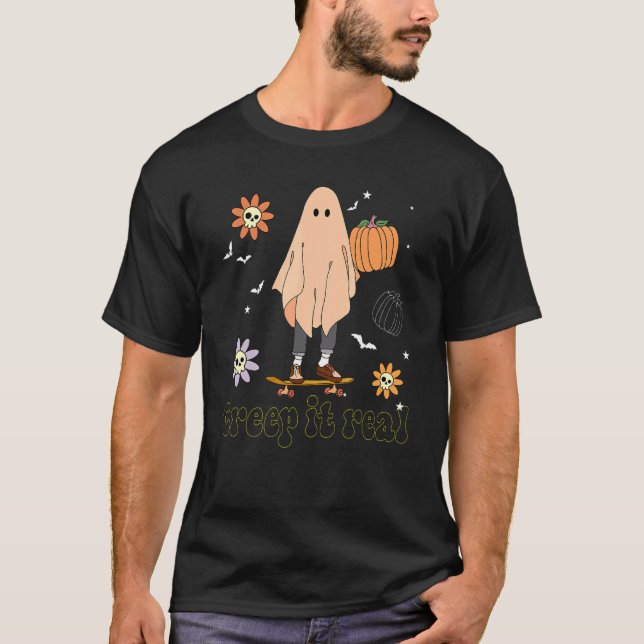 Creep It Real Ghost Boy Retro Halloween Skateboard T-Shirt (Vorderseite)