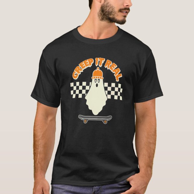 Creep It Real Ghost Skater Boy Skateboard Beanie T-Shirt (Vorderseite)