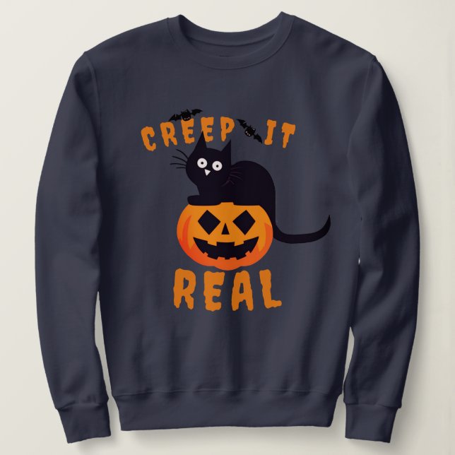 'Creep it Real' Grafik Halloween Black Cat Sweatshirt (Design vorne)