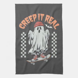 Creep It Real Retro Halloween Skate Ghost Geschirrtuch
