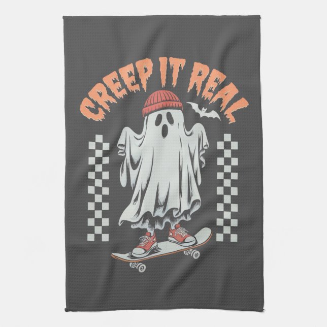 Creep It Real Retro Halloween Skate Ghost Geschirrtuch (Vertikal)