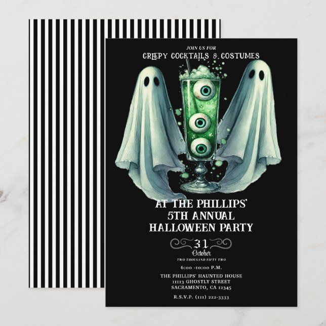 Creepe Cocktails & Costumes Ghost Halloween-Party Einladung (Vorne/Hinten)