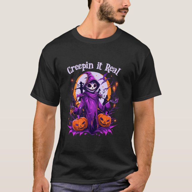 Creepin It Real Skull Skeleton Hexenkürbis Funny T-Shirt (Vorderseite)