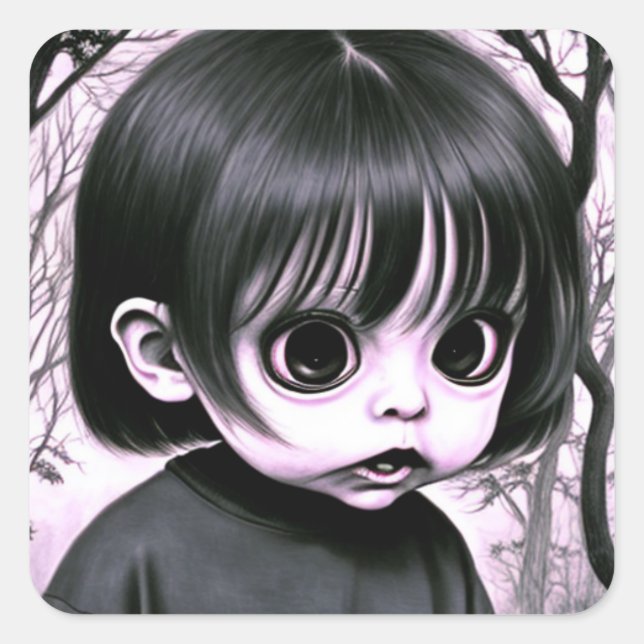 Creepisches Kind mit großen Augen erschreckt Quadratischer Aufkleber (Vorderseite)
