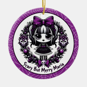 Creepmas Lila Goth-Girl Floraler Totenkopfkranz Keramik Ornament