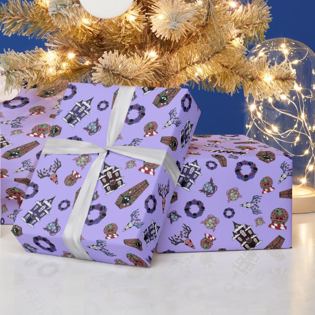 Creepmas Lila Muster w/Skulls, Spuk Haus Geschenkpapier (Feiertage)