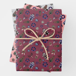 Creepmas mit Spuk Haus, Schädel, Kränze, Sarg Geschenkpapier Set