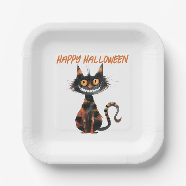 Creepy Black and Orange Cat Halloween Pappteller (Vorderseite)