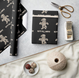 Creepy Cartoon Mummy Pattern Happy Halloween Text Geschenkpapier