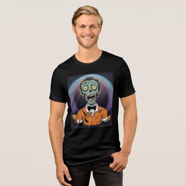 Creepy Cartoon Zombie in Orange Halloween Shirt (Vorderseite voll)