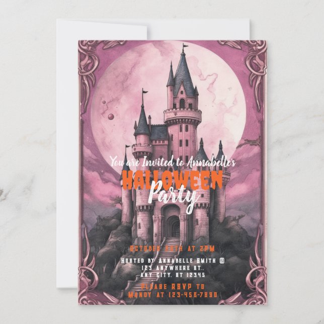 Creepy Castle Full Moon Pink Sky Halloween-Party Einladung (Vorderseite)