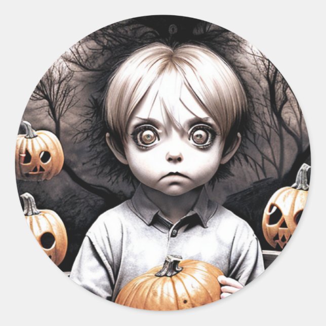 Creepy Chibi Boy mit Pumpkin Halloween Runder Aufkleber (Vorderseite)