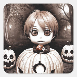 Creepy Child with Giison Apple in Pumpkin Quadratischer Aufkleber