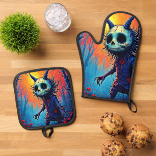 Creepy Dämon in spöttischem Holzdesign Ofenhandschuh & Topflappen-Set