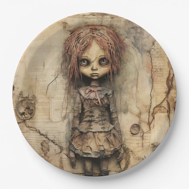 Creepy Doll mit rosa Bow Pappteller (Vorderseite)