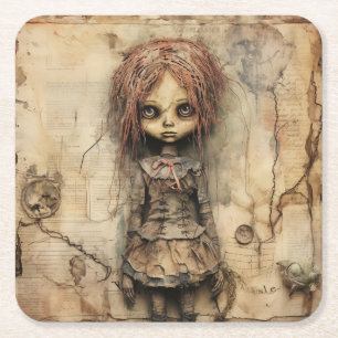 Creepy Doll mit rosa Bow Rechteckiger Pappuntersetzer