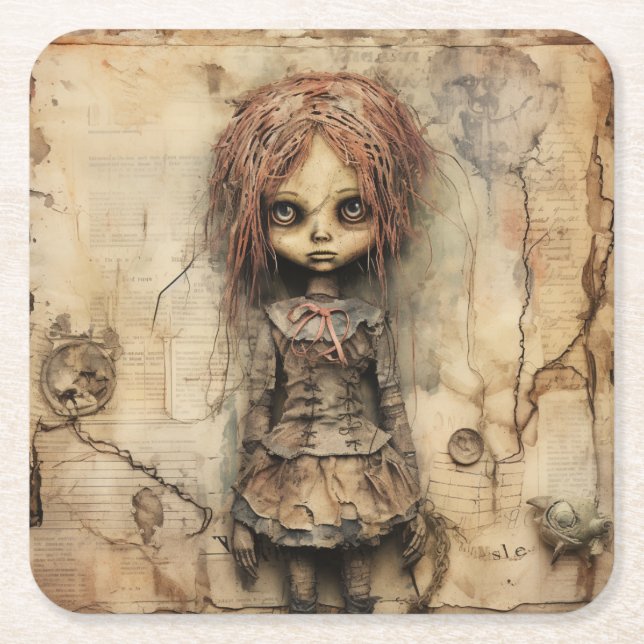 Creepy Doll mit rosa Bow Rechteckiger Pappuntersetzer (Vorderseite)