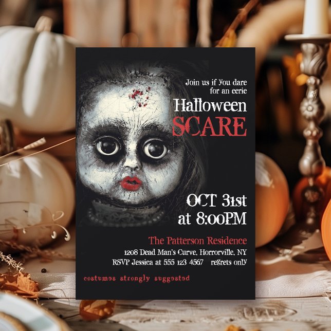 Creepy Eerie Gothic Doll Halloween-Party Einladung (Available in both printed and instant download digital formats.)