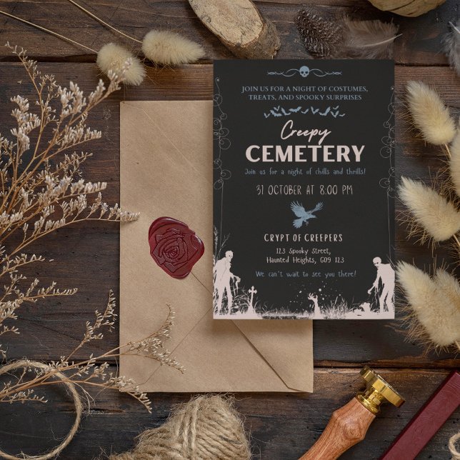 Creepy Friedhof Dusty Red mit Blue Accent Einladung (Creepy Cemetery Dusty Red with Blue Accent Invitation Cover from The Beekeeper Store)