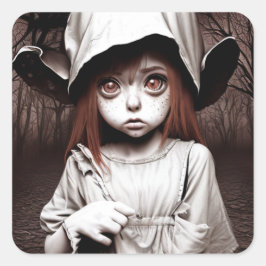 Creepy Girl Big Mit Augen Chibi Halloween Quadratischer Aufkleber
