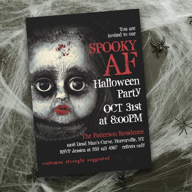 Creepy Goth Doll Spooky AF Halloween Party Einladung (Host an unforgettably Spooky AF Halloween Party this year!)