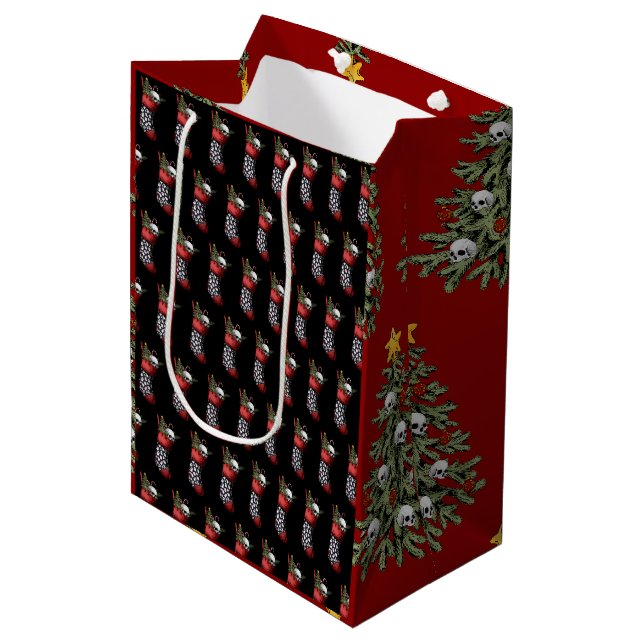 Creepy Gothic Christmas Skull Mittlere Geschenktüte (Vorderseite Schrägansicht)