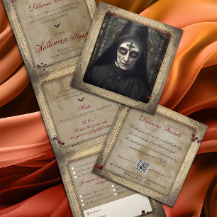 Creepy Gothic Nun QR Code Adult Halloween Dreifach Gefaltete Einladung