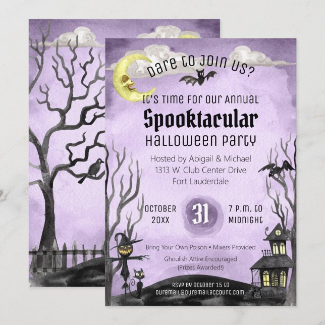 Creepy Halloween Kostüm Party Spooky Lila Black Einladung (Vorne/Hinten)