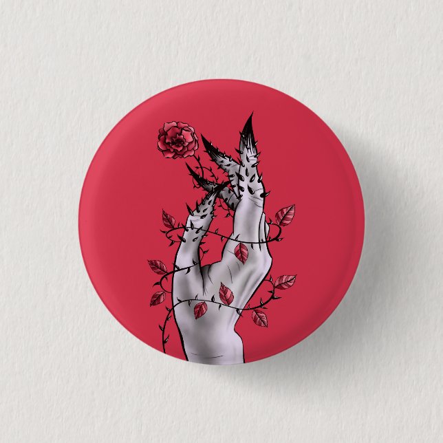 Creepy Hand Rose Thorns Macabre Red Button (Vorderseite)