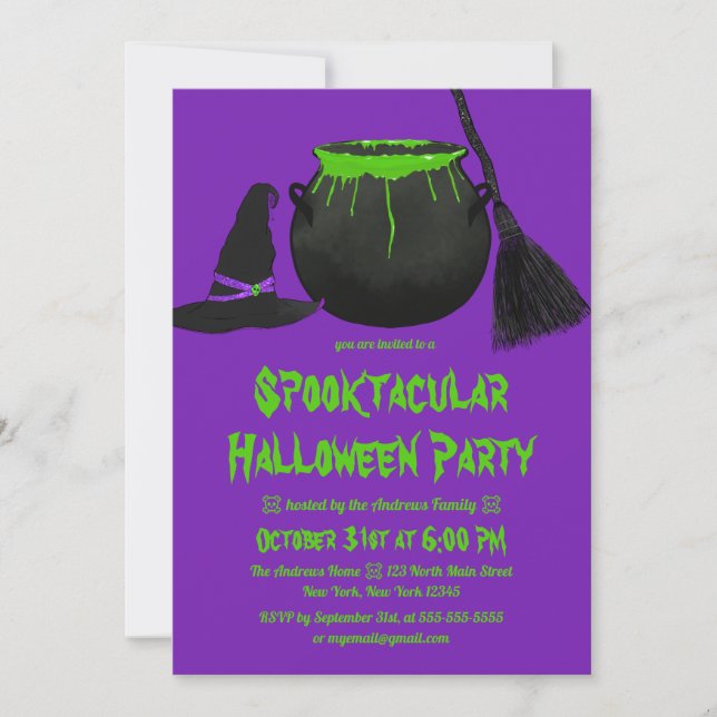 Creepy Hexen Cauldron Hat Broom Halloween Invita Einladung (Vorderseite)
