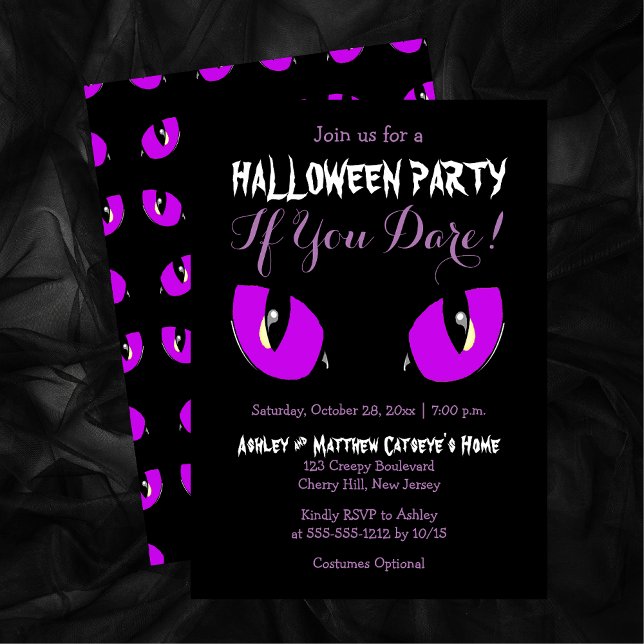 Creepy Lila Cat Eyes Halloween-Party wenn Sie es w Einladung (Creepy Purple Cat Eyes Halloween Party If You Dare Invitation)